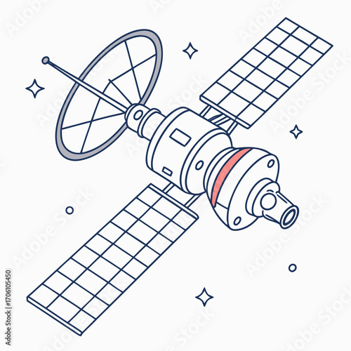 Detailed isometric illustration of a modern communication satellite with solar panels and a dish antenna in outer space