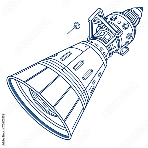 Detailed blueprint illustration of a spacecraft engine nozzle and capsule with a small satellite in the background
