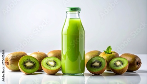 Healthy kiwi smoothie in bottle and cup with whole and halved kiwifruit isolated on white background
