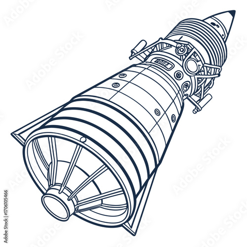 Detailed line art illustration of a retro futuristic rocket ship with fins and a pointed nose cone against a white background