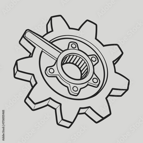 Detailed line art illustration of a single mechanical gear with a central hub and connecting arm against a plain background