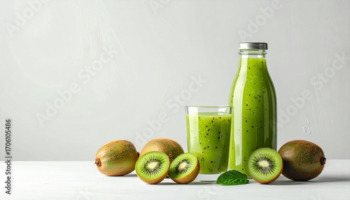 Bright studio photo of kiwi smoothie bottle glass and sliced kiwifruit isolated on white background