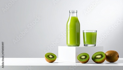 Modern still life with kiwi juice bottle and glass arranged with fresh kiwifruit isolated on white background