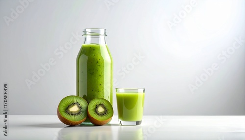 Creative studio photo of kiwi smoothie bottle and glass with fresh kiwifruit isolated on white background