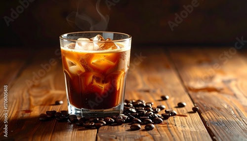 Wallpaper Mural Iced Coffee with Roasted Beans on Wooden Table Torontodigital.ca