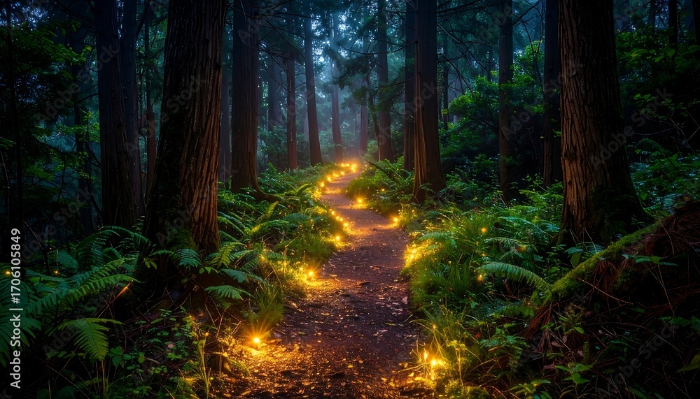 Obraz premium A winding path through a lush, dark forest, lit by glowing orbs. Fog hangs low among the trees, creating an ethereal atmosphere