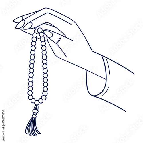 Elegant hand holding prayer beads with a tassel a symbol of faith and spirituality in a minimalist line art style