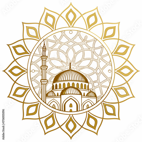 Elegant golden islamic mosque silhouette within a decorative circular mandala pattern