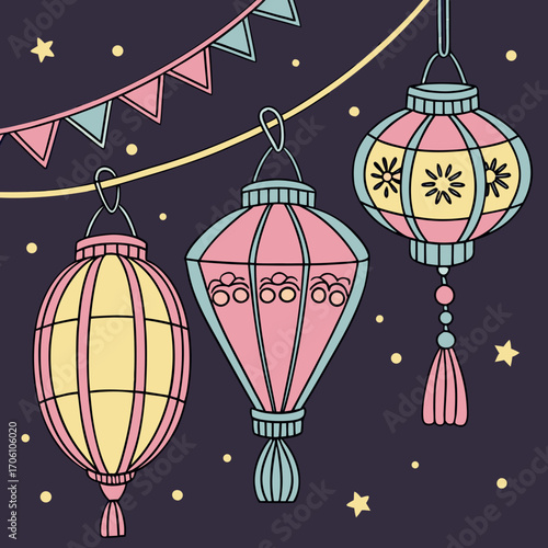 Festive bunting and colorful paper lanterns illuminated against a starry night sky