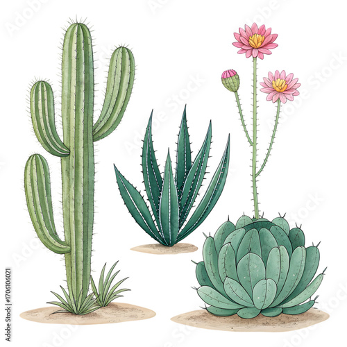 Desert Flora Collection: Cactus, Agave, Succulent, and Wildflower Botanical Illustration on transparent background