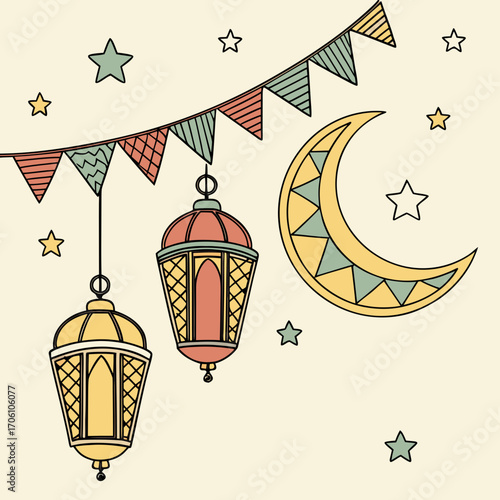 Festive islamic ramadan kareem celebration with hanging lanterns crescent moon and star decorations on a light background