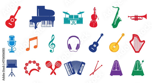 Musical instruments silhouettes colorful flat icons on a white background in landscape orientation