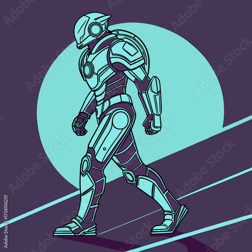 Futuristic armored cyborg warrior in a stylized pose against a large circular background and diagonal lines