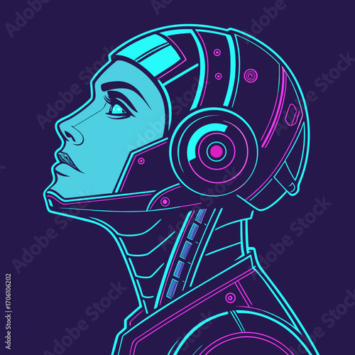 Futuristic cyberpunk woman profile with neon blue and pink accents against a dark purple background