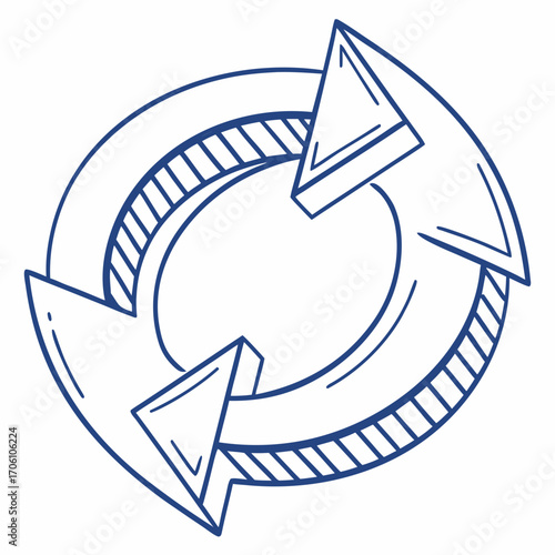 Hand drawn circular arrow symbol with three arrows indicating a continuous loop or cycle in a simple doodle style