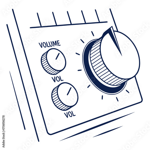 Hand drawn sketch of a control panel with multiple volume knobs and markings indicating sound adjustment levels