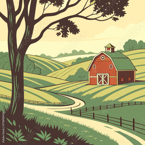 Idyllic red barn nestled amongst rolling green hills under a warm afternoon sky