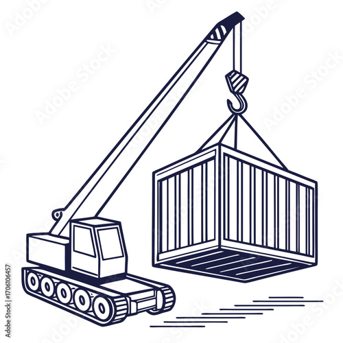 Industrial crane with caterpillar tracks lifting a shipping container with a hook and cables in a clean line art style