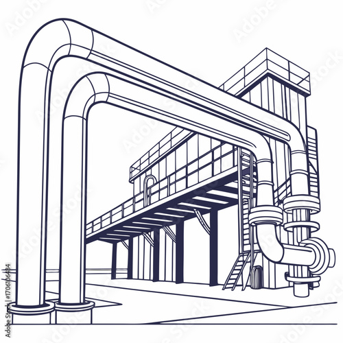 Industrial plant with large pipes and elevated walkway a clean line art illustration
