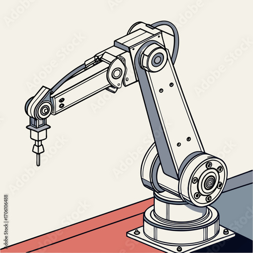 Industrial robotic arm with a pointed tool at the end of its manipulator arm in a clean isometric view