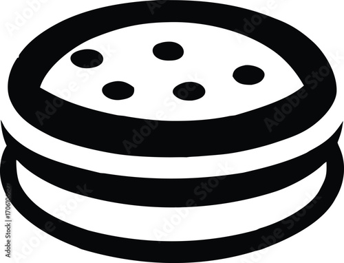 Stylized black and white icon of a layered burger with sesame seeds on a white background hamburger