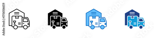 Warehouse Delivery Multiple Style Icon Design Vector - Truck with warehouse, representing logistics, delivery, and storage management