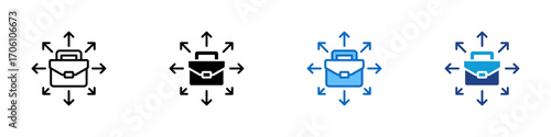 Business Expansion Multiple Style Icon Design Vector - Briefcase with arrows in all directions symbolizing business growth, expansion, and opportunities