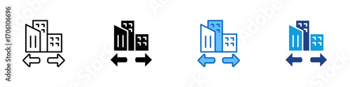 Business Transfer Multiple Style Icon Design Vector - Office building with arrows, symbolizing company relocation, business transfer, or corporate movement