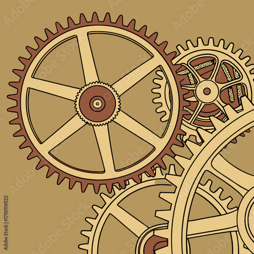 Intricate interlocking gears and cogs in warm sepia tones create a complex mechanical design with a vintage industrial aesthetic