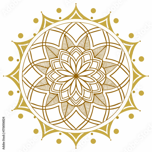 Intricate golden mandala design with geometric petals and decorative circles on a white background