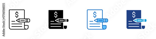 Invoice Documentation Multiple Style Icon Design Vector - Illustration of invoice with dollar sign and pen, representing billing and financial documents