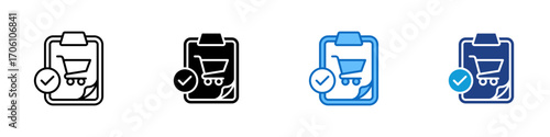 Order Checklist Multiple Style Icon Design Vector - Clipboard with shopping cart and check mark, representing purchase order confirmation