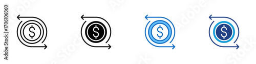 Money Cycle Multiple Style Icon Design Vector - Circular arrows around a dollar coin, representing cash flow and financial circulation