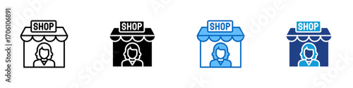 Store Owner Multiple Style Icon Design Vector - Shop with person inside, representing small business owner and entrepreneurship