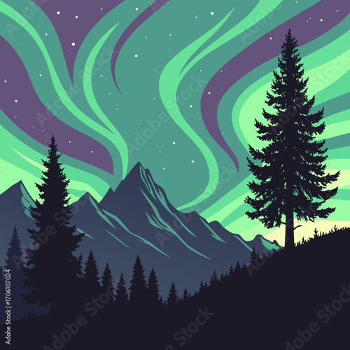 Majestic aurora borealis dances above silhouetted pine trees and jagged mountains under a starry night sky