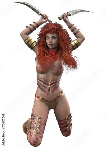 3D rendered illustration of a fierce female fantasy warrior with curly red hair, dressed in detailed armor, holding two curved blades in a powerful battle stance. Isolated on white background.