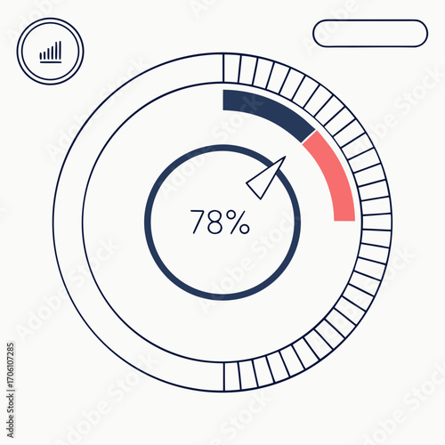 Modern circular progress bar indicator showing seventy eight percent completion with data visualization icon