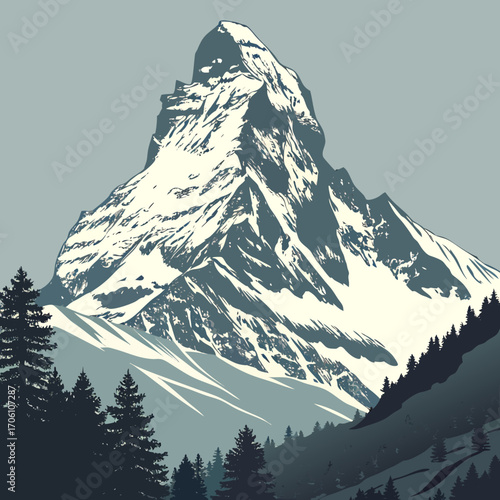 Majestic snow capped mountain peak towering over a dark evergreen forest under a muted sky