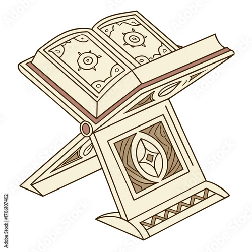 Ornate antique book stand holding an open book with decorative pages and intricate geometric patterns on a white background