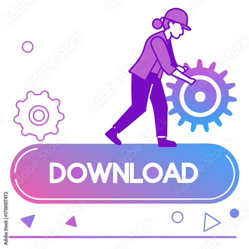 Person with gear symbol on download button with gradient colors and geometric shapes illustration