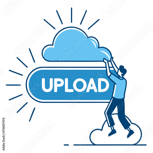Person reaching up to place a cloud icon on a large blue button labeled upload with radiating lines
