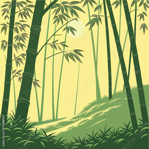 Serene bamboo forest with a soft sunlit glow illuminating the lush green foliage and grassy hillside