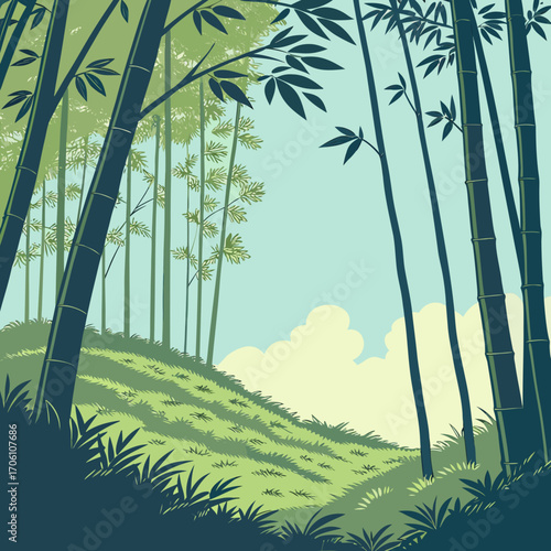 Serene bamboo forest landscape with rolling green hills and fluffy clouds in a pale blue sky