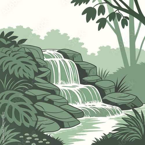 Serene natural landscape featuring a cascading waterfall flowing over mossy rocks surrounded by lush green jungle foliage and trees