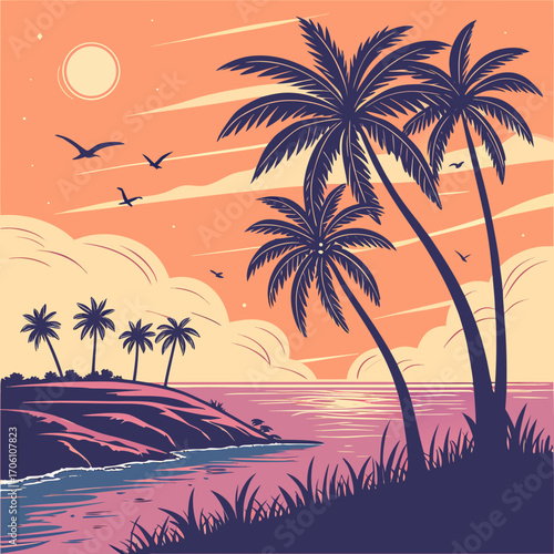 Serene tropical island paradise with silhouetted palm trees against a vibrant sunset sky and calm ocean waters