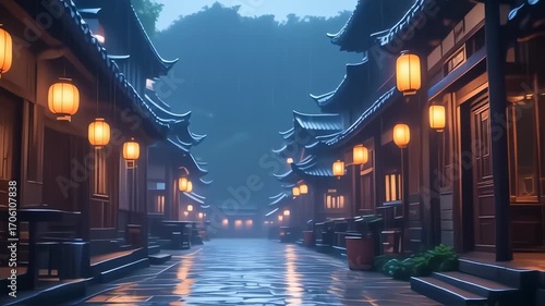 A tranquil, rain-slicked Asian alleyway at dusk, lit by warm lanterns hanging from traditional buildings