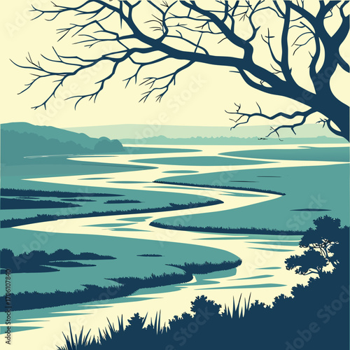 Serene winding river landscape with bare tree branches silhouetted against a pale sky