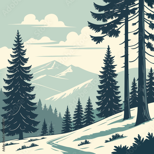Serene winter landscape with snow covered mountains and dark pine trees under a cloudy sky