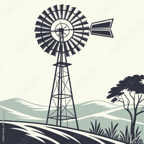 Silhouette of a classic farm windmill standing tall in a stylized landscape with rolling hills and a lone tree