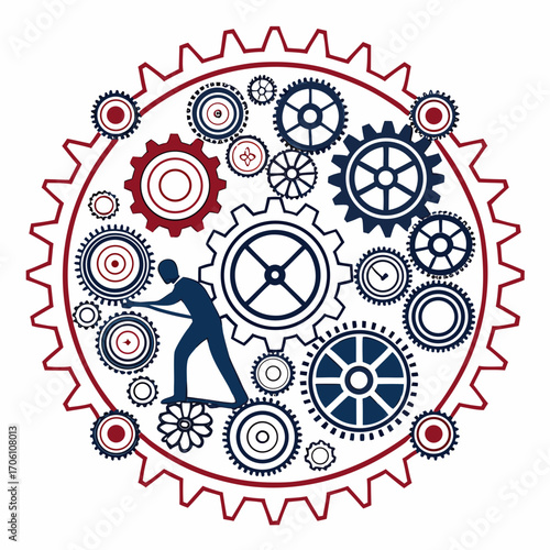 Silhouette of a person pushing a lever to activate a complex system of interconnected gears and cogs